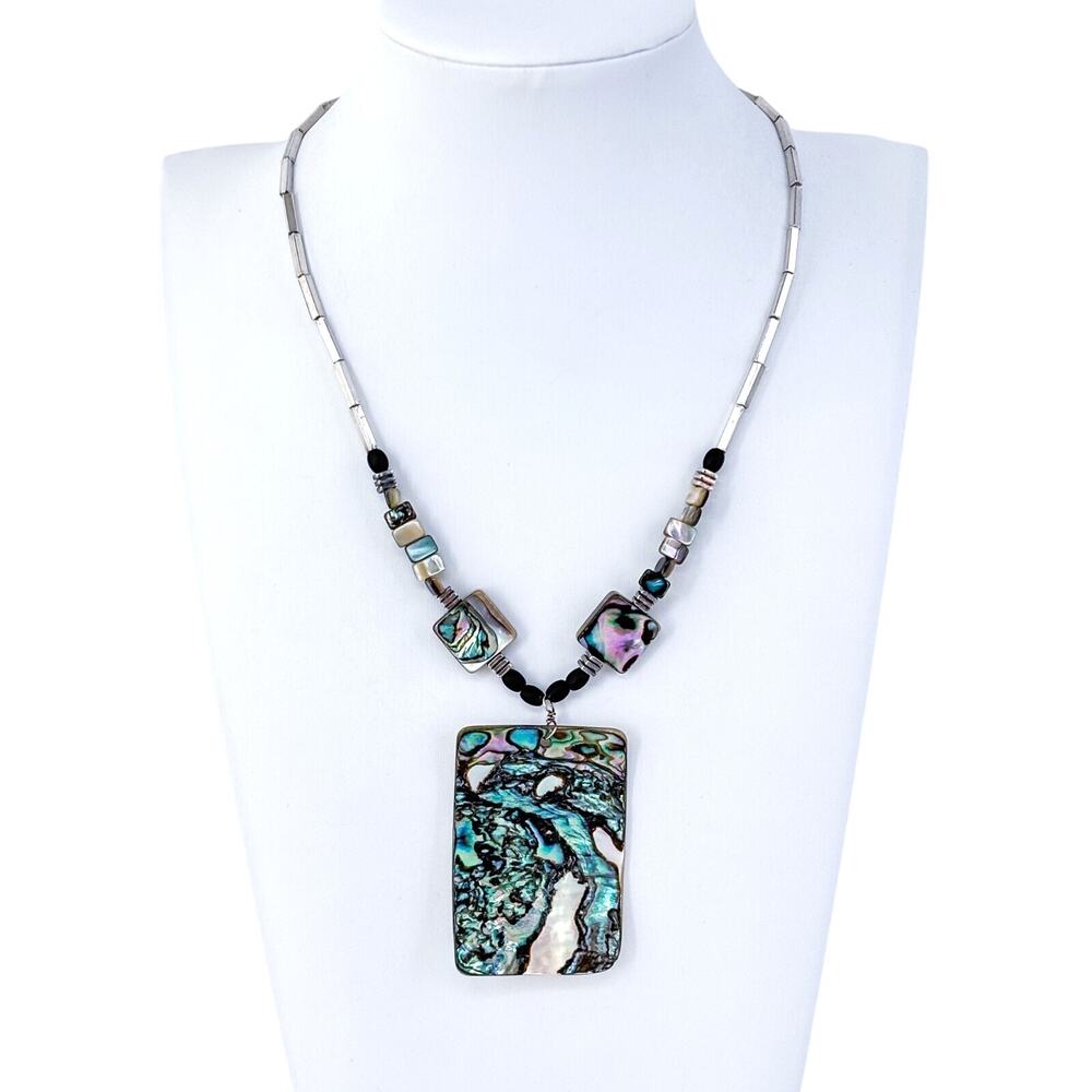 Vintage Sterling Silver 925 Abalone Ebony Pendant Necklace | 16.5"